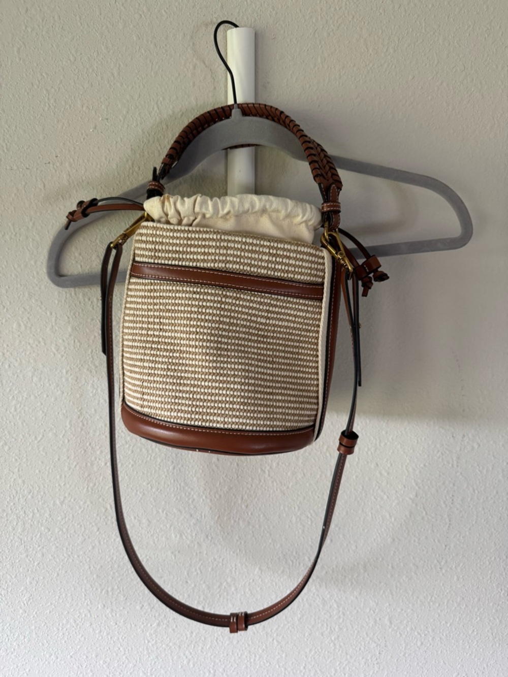 Zara Cream Woven Bucket Bag with Brown Leather Trim - Picture 12 of 12